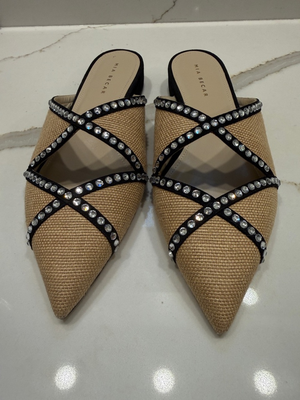 Mia Becar Ines Crystal Raffia & Leather Pointed Toe Mule Sz 42 NWOB
